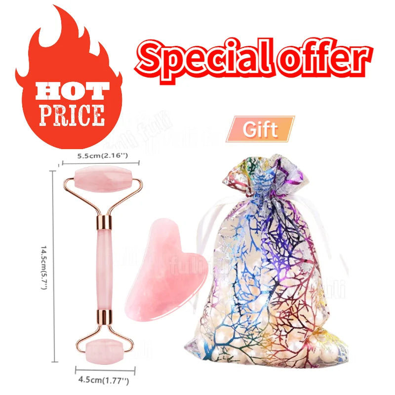 Jade & Rose Quartz Face Roller + Gua Sha Set – Lift, Soothe & Glow