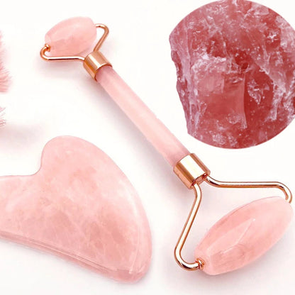 Jade & Rose Quartz Face Roller + Gua Sha Set – Lift, Soothe & Glow
