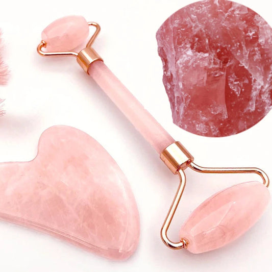Jade & Rose Quartz Face Roller + Gua Sha Set – Lift, Soothe & Glow