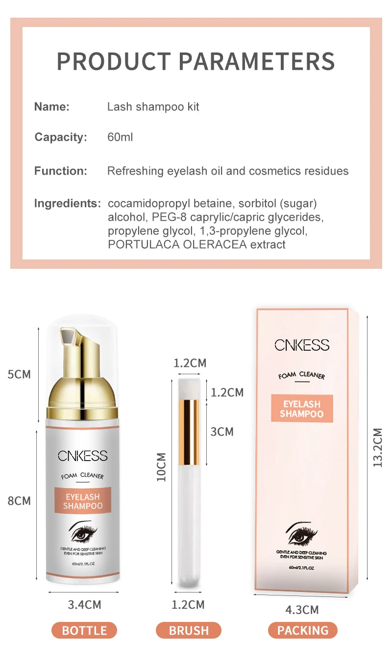 CNKESS Eyelash Shampoo & Brush Set – Gentle Foam Cleanser for Extensions
