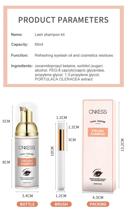 CNKESS Eyelash Shampoo & Brush Set – Gentle Foam Cleanser for Extensions