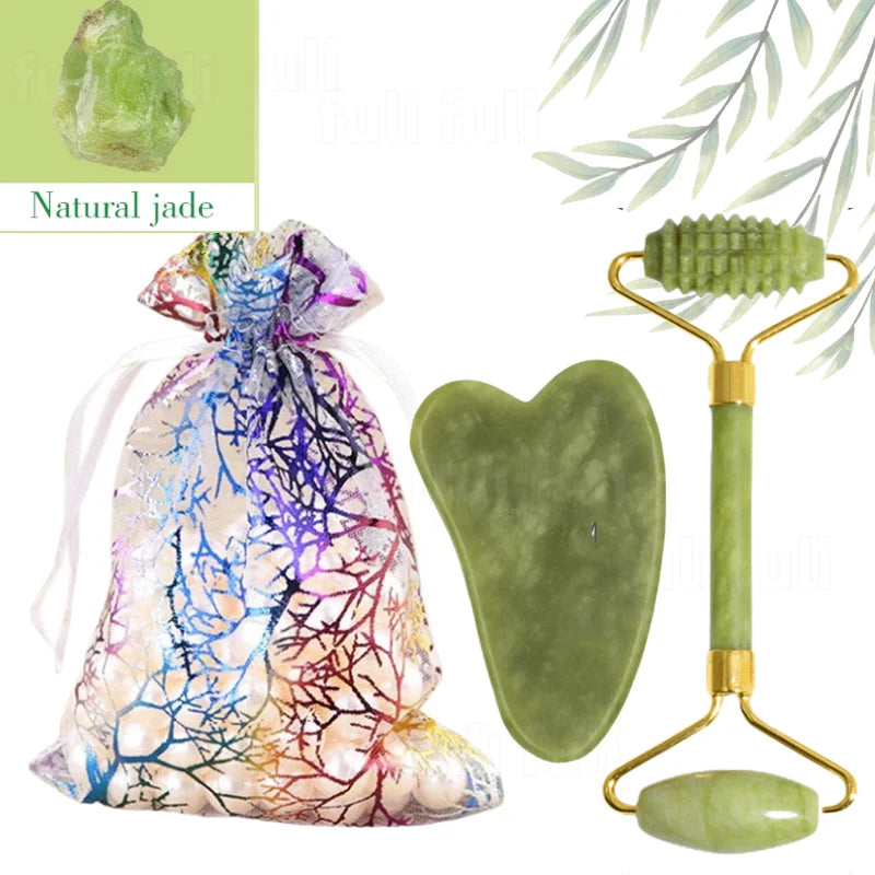 Jade & Rose Quartz Face Roller + Gua Sha Set – Lift, Soothe & Glow