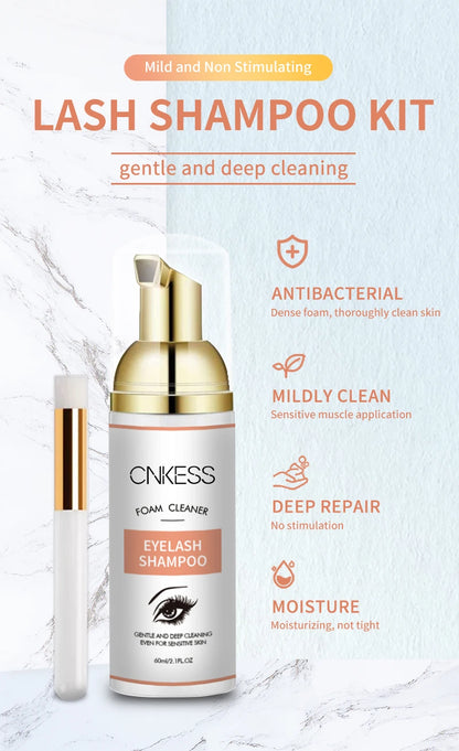 CNKESS Eyelash Shampoo & Brush Set – Gentle Foam Cleanser for Extensions