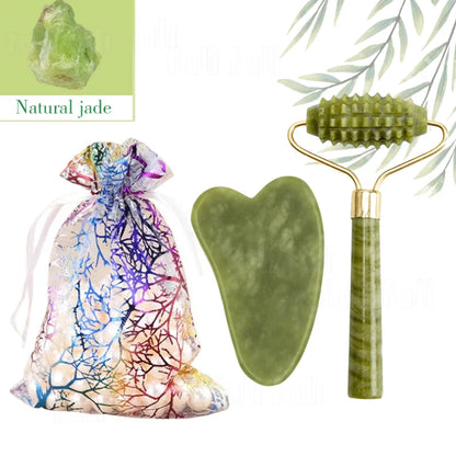 Jade & Rose Quartz Face Roller + Gua Sha Set – Lift, Soothe & Glow